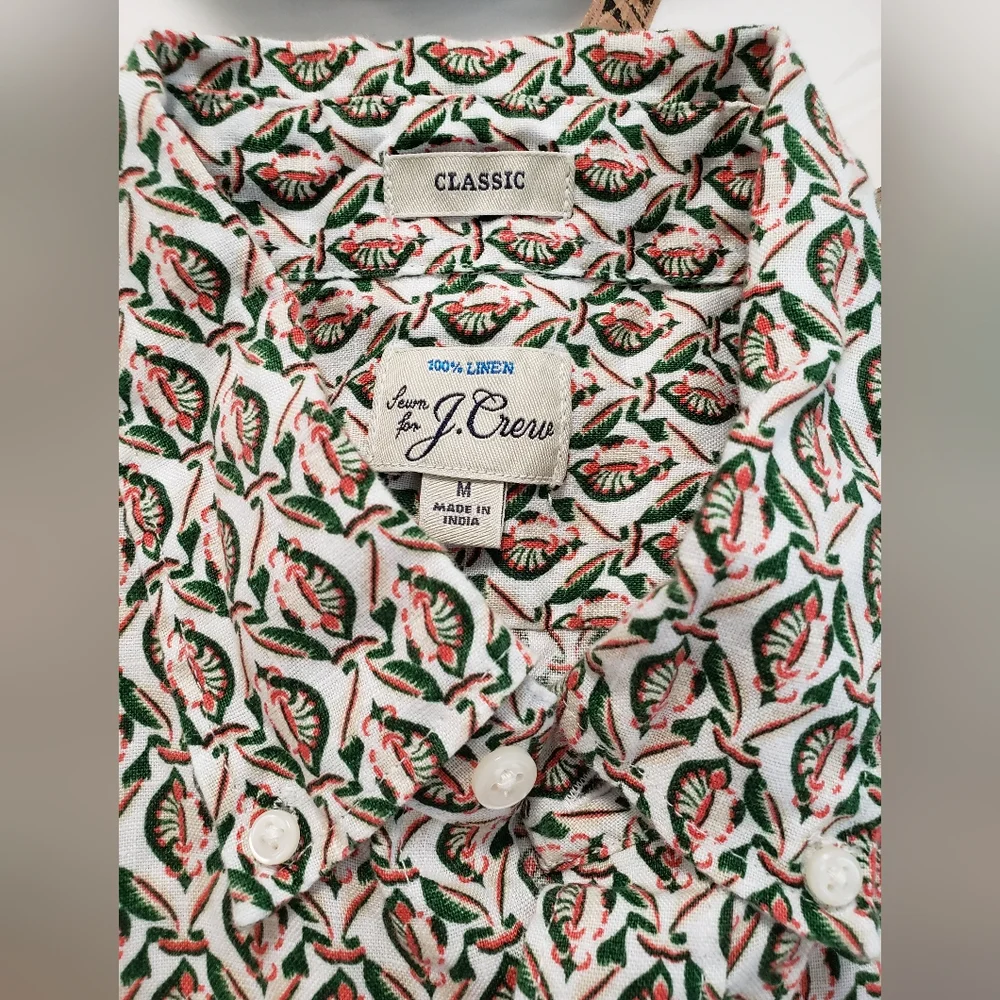 J. Crew Short Sleeve Button-Down Shirt in Cream with Green and Brown Print